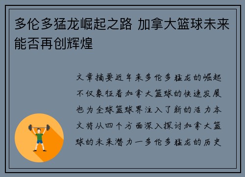 多伦多猛龙崛起之路 加拿大篮球未来能否再创辉煌